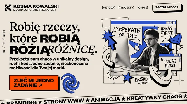 Landing page freelancera Kosma Kowalski: duży nagłówek, kolaż graficzny i przycisk „Zleć mi jedno zadanie”