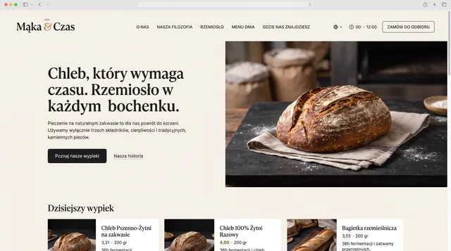Strona piekarni Mąka & Czas: zdjęcie bochenka, godziny otwarcia i dzisiejszy wypiek